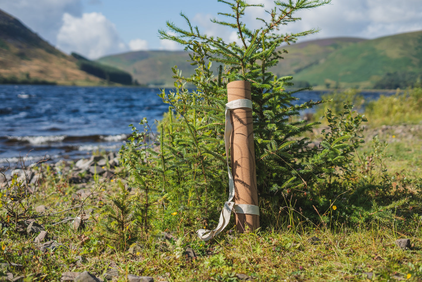 ROOTD Elite Terra Design. Non-toxic eco cork exercise mat topographical topo map design rolled up with a white carry strap. It is propped against a pine tree with a lake and mountains in the background. 