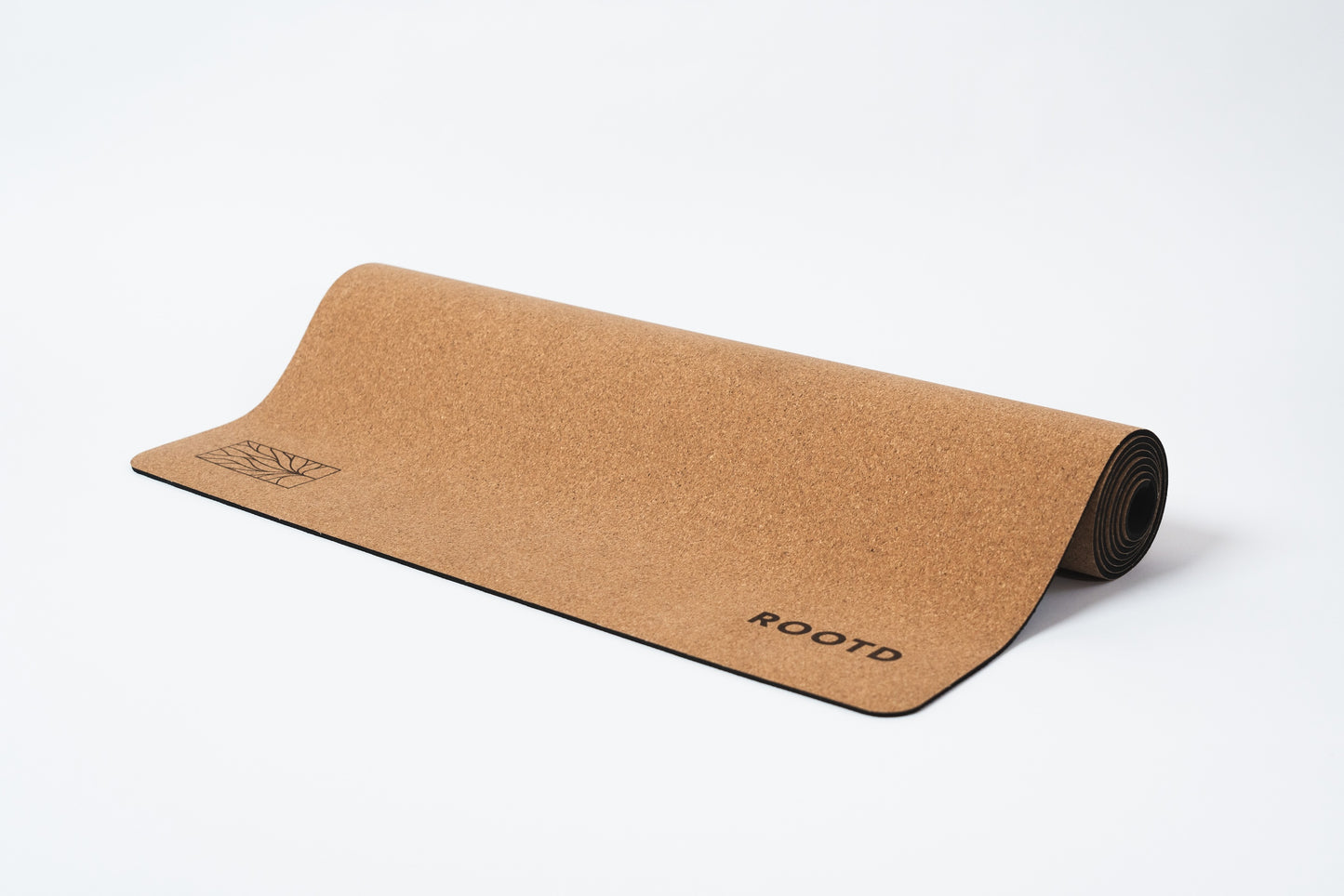 ROOTD Elite Bare Design. Non-toxic eco cork exercise mat with a plain minimal design. Rolled up